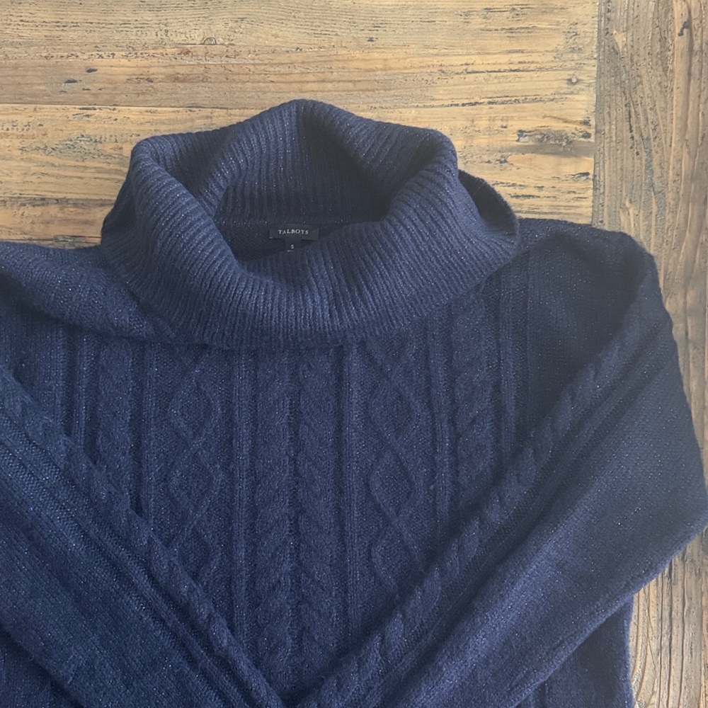 Talbots Deep Blue Cable Knit Turtleneck Sweater with blue woven tinsel